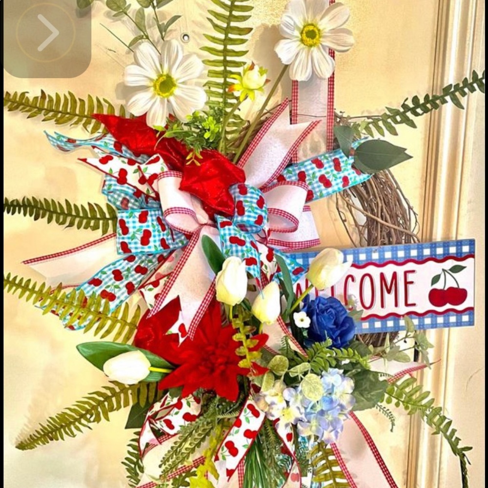 Cherry and baby blue gingham theme wreath